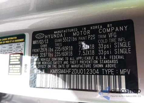 2013 Hyundai Santa Fe Gls from USA, damaged, VIN KM8SM4HF2DU012304